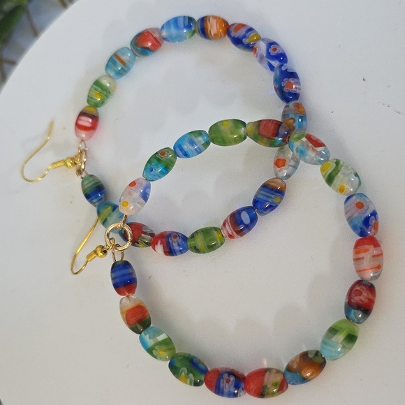 Millefiori Art Glass Oval Bead Hoop Earrings - Picture 4 of 9